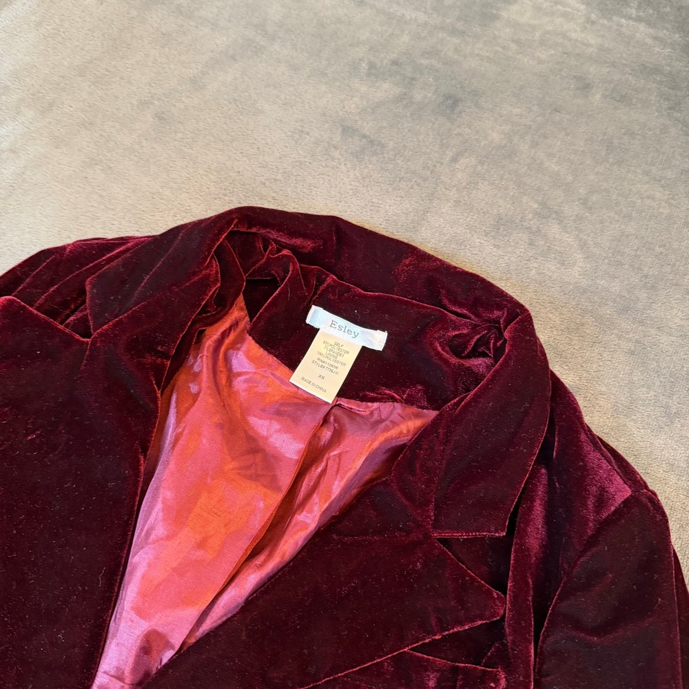 Esley 7736J-K Velvet‎ Blazer Womens Extra Small Burgundy Ruched Sleeve Holiday